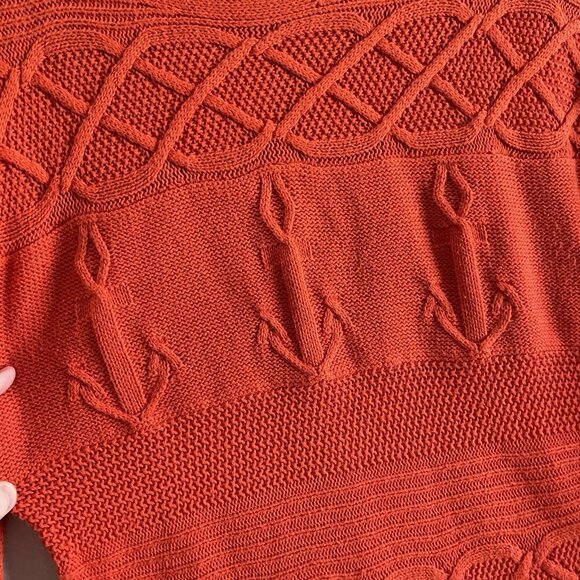 Talbots Women MP Orange Cable Knit Anchor Nautical Boat Neck Pullover Sweater - Picture 6 of 10